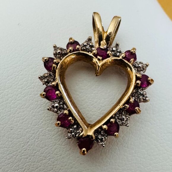 10K Yellow Gold Heart Pendants with Rubies and Diamonds - Picture 1 of 3